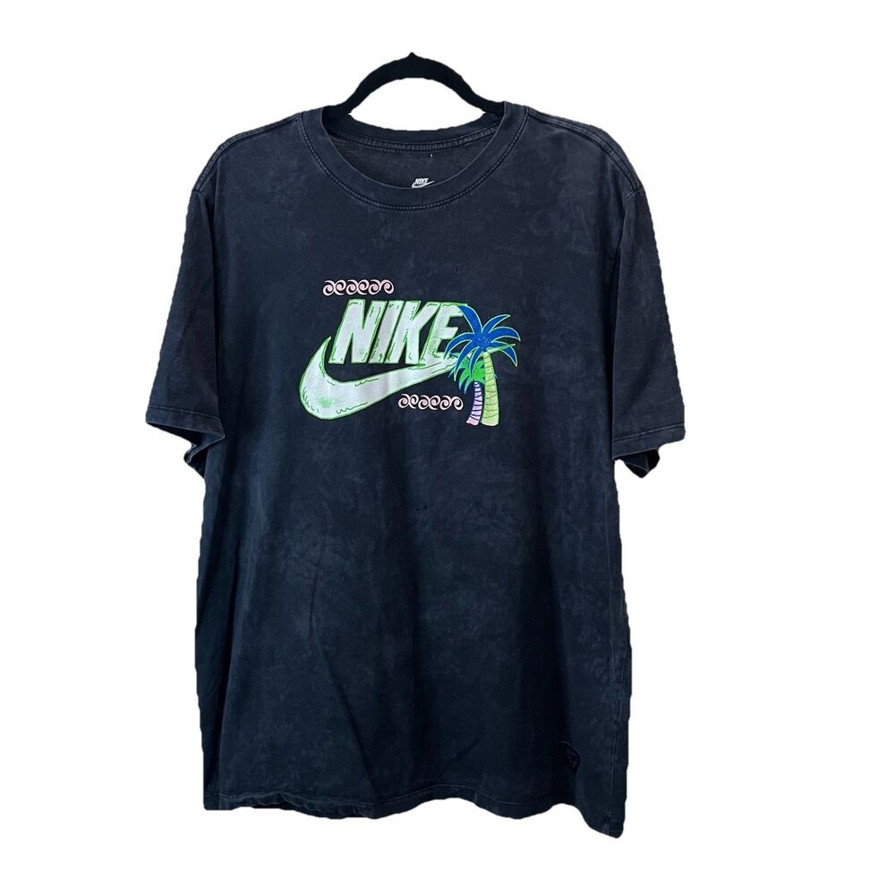 The Nike Tee Black Gray Acid Wash Graphic Shirt Palm Tree Logo Womens Size L